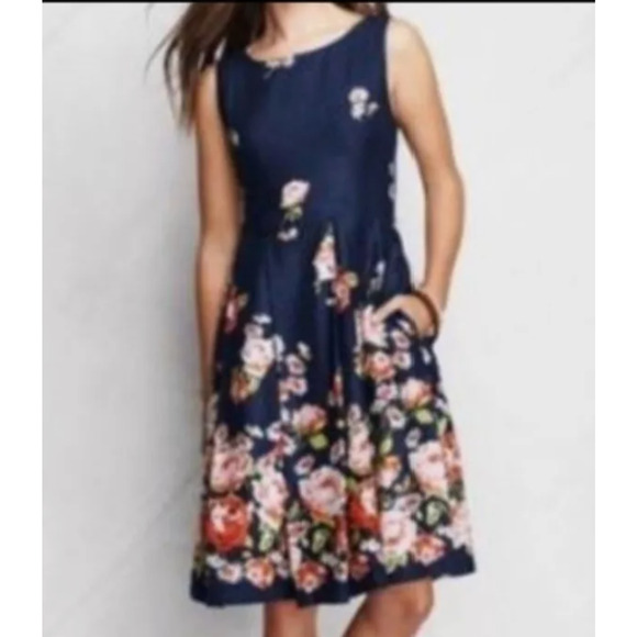 Lands End Blue Floral 100% Linen Garden Print Sleeveless Dress Size 14 Petite - Picture 1 of 11